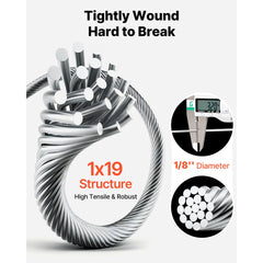 VEVOR 1/8 Inch Wire Rope, 500 ft Length, 316 Stainless Steel Wire Cable with Cutter, 1760 lbs Breaking Strength, 1 x 19