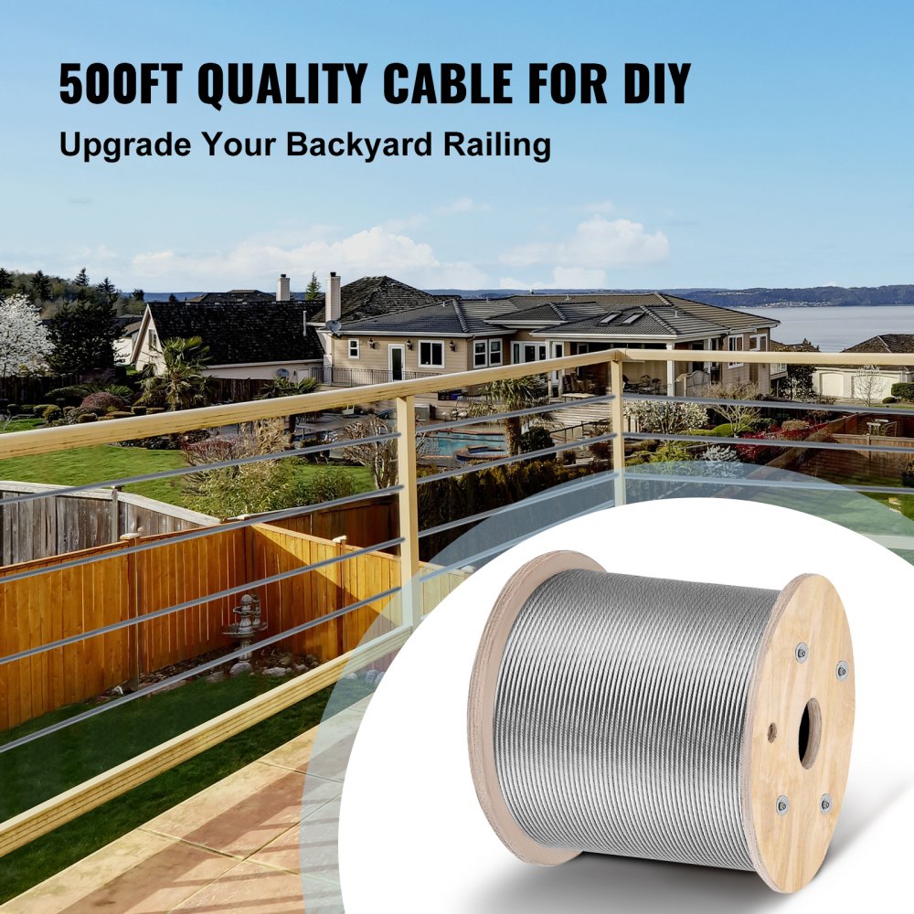 VEVOR 316 Stainless Steel Cable 1/8" 1x19 Steel Cable Wire Rope 150M/500FT Cable Railing Transport Wire Rope Cable for