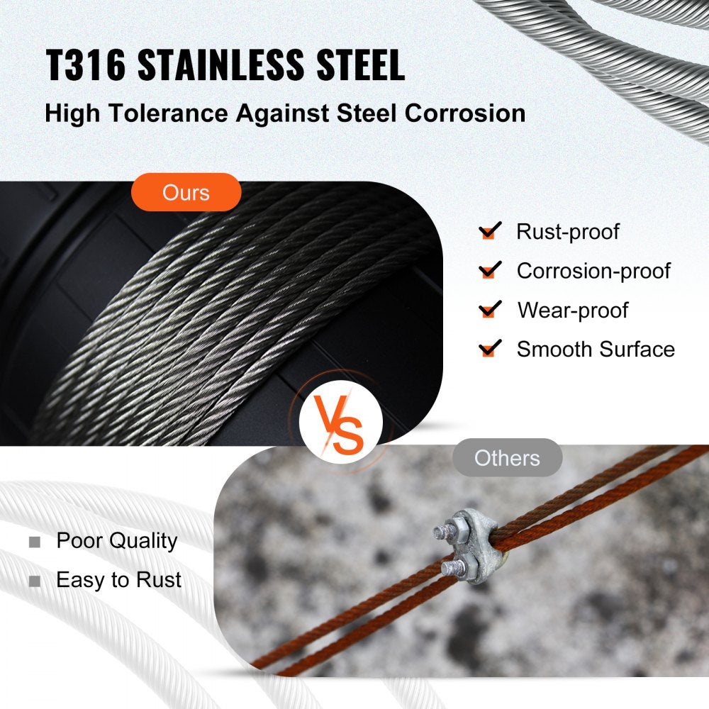 VEVOR 316 Stainless Steel Cable 1/8" 1x19 Steel Cable Wire Rope 150M/500FT Cable Railing Transport Wire Rope Cable for