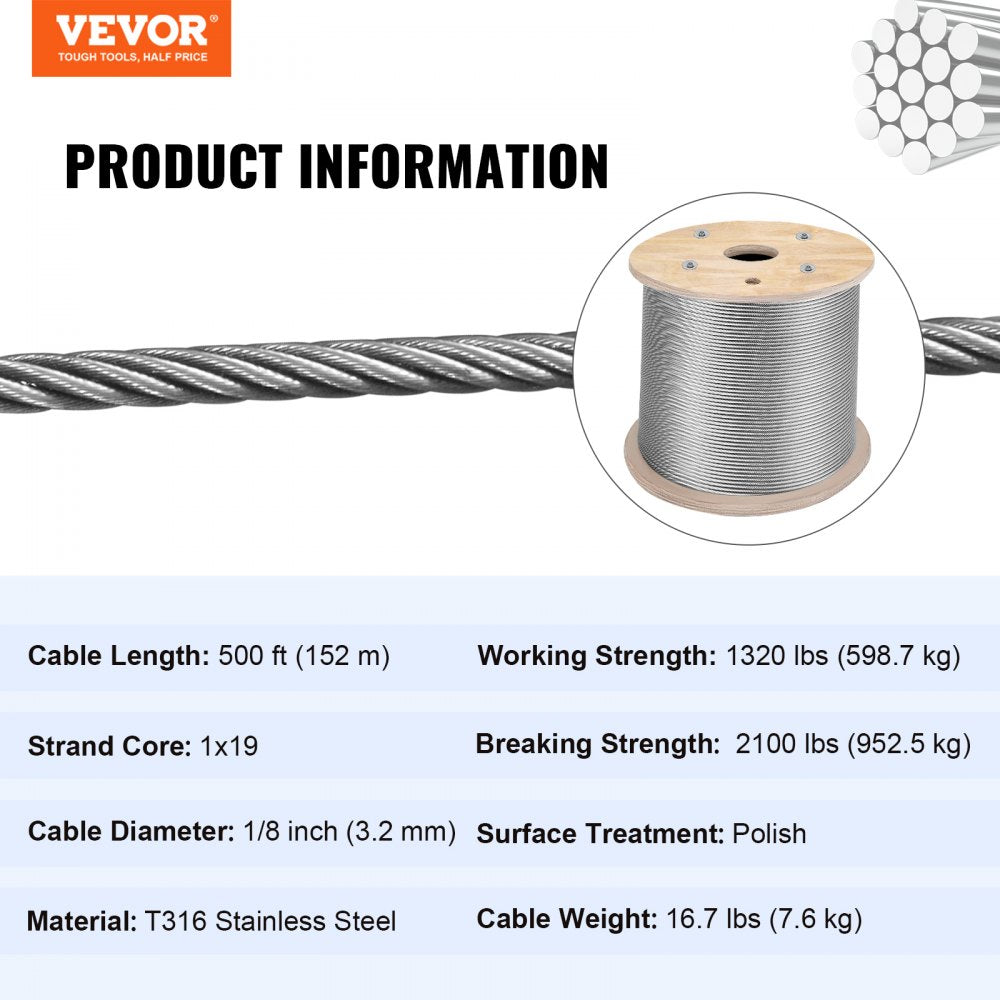 VEVOR 316 Stainless Steel Cable 1/8" 1x19 Steel Cable Wire Rope 150M/500FT Cable Railing Transport Wire Rope Cable for