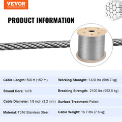 VEVOR 316 Stainless Steel Cable 1/8" 1x19 Steel Cable Wire Rope 150M/500FT Cable Railing Transport Wire Rope Cable for
