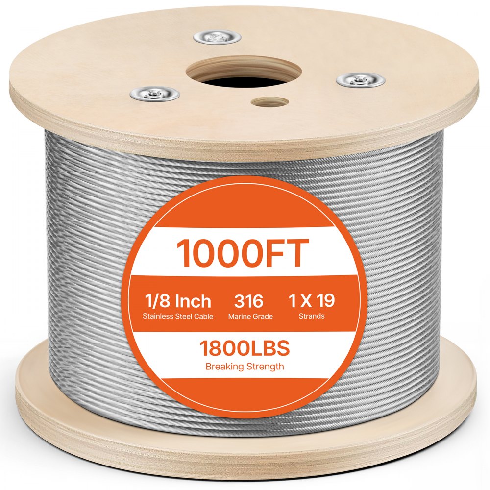 VEVOR 1/8" Stainless Steel Cable 1000FT, T316 1 x 19 Tighter Core Cable Railing System Wire Rope Aircraft Deck Railing