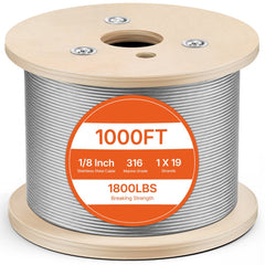 VEVOR 1/8" Stainless Steel Cable 1000FT, T316 1 x 19 Tighter Core Cable Railing System Wire Rope Aircraft Deck Railing