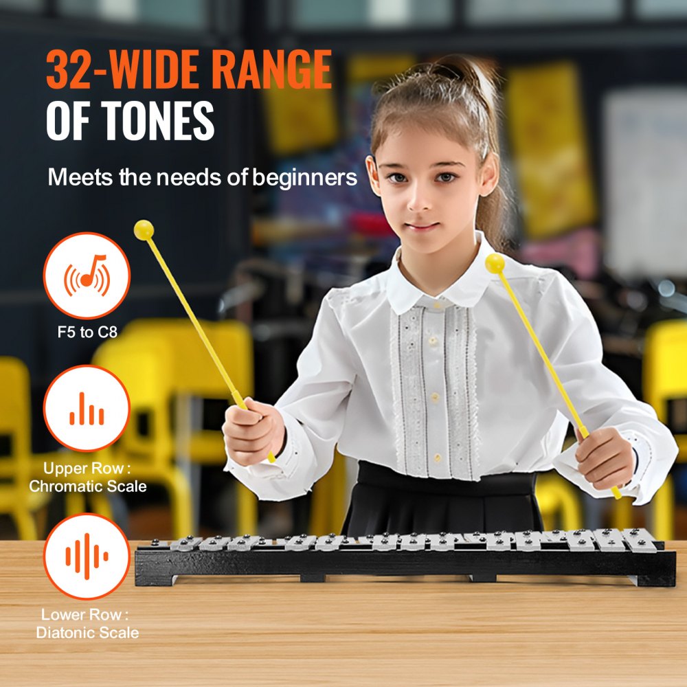 VEVOR 32 Note Glockenspiel Xylophone Bell Kit, Percussion Instrument with Mallets, Drum Sticks and Carrying Bag