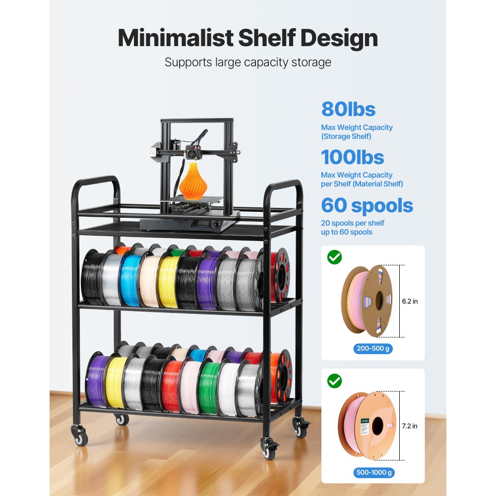 VEVOR 3D Printer Filament Storage Rack, 3 Tier Heavy Duty Storage Shelf, Rolling Filament Spool Holders Racks with