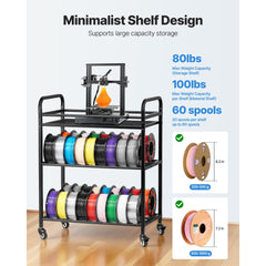 VEVOR 3D Printer Filament Storage Rack, 3 Tier Heavy Duty Storage Shelf, Rolling Filament Spool Holders Racks with