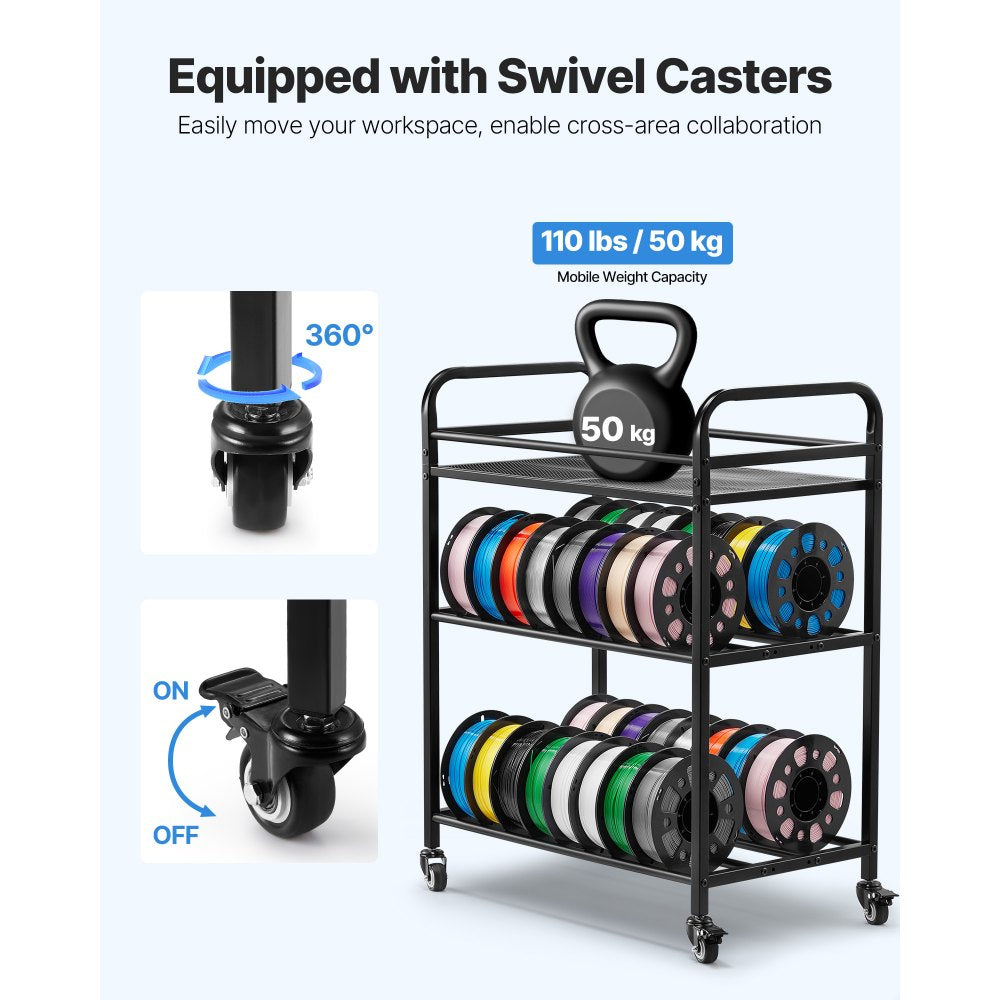 VEVOR 3D Printer Filament Storage Rack, 3 Tier Heavy Duty Storage Shelf, Rolling Filament Spool Holders Racks with