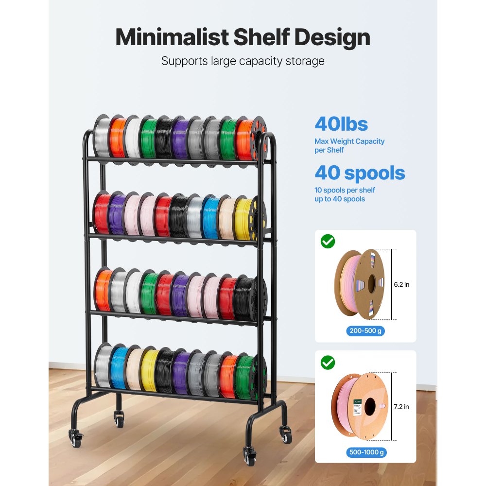 VEVOR 3D Printer Filament Storage Rack, 4 Tier Heavy Duty Storage Shelf, Rolling Filament Spool Holders Racks with
