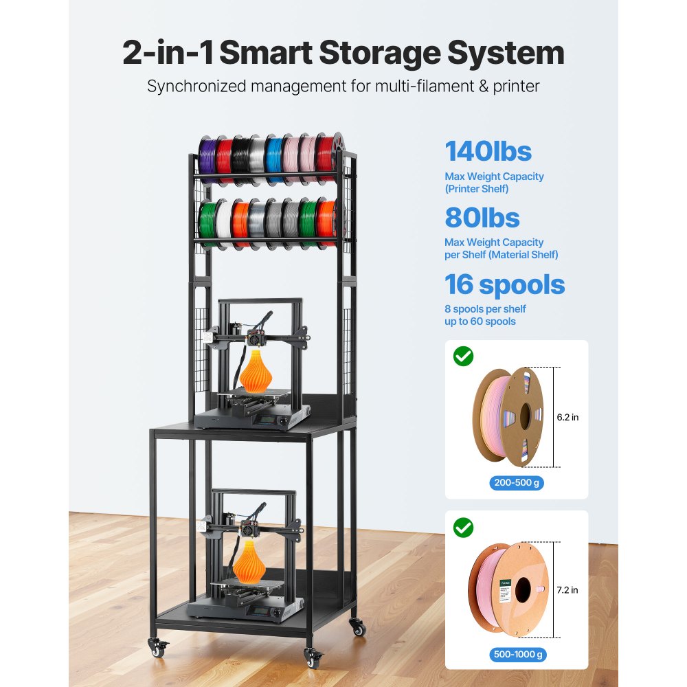 VEVOR 3D Printer Filament Storage Rack, 4-Tier 3D Printer Stand with Filament Storage, Spools Holder Racks Cart with