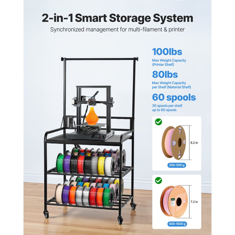 VEVOR 3D Printer Filament Storage Rack, 3-Tier 3D Printer Stand with Filament Storage, Spools Holder Racks Cart with