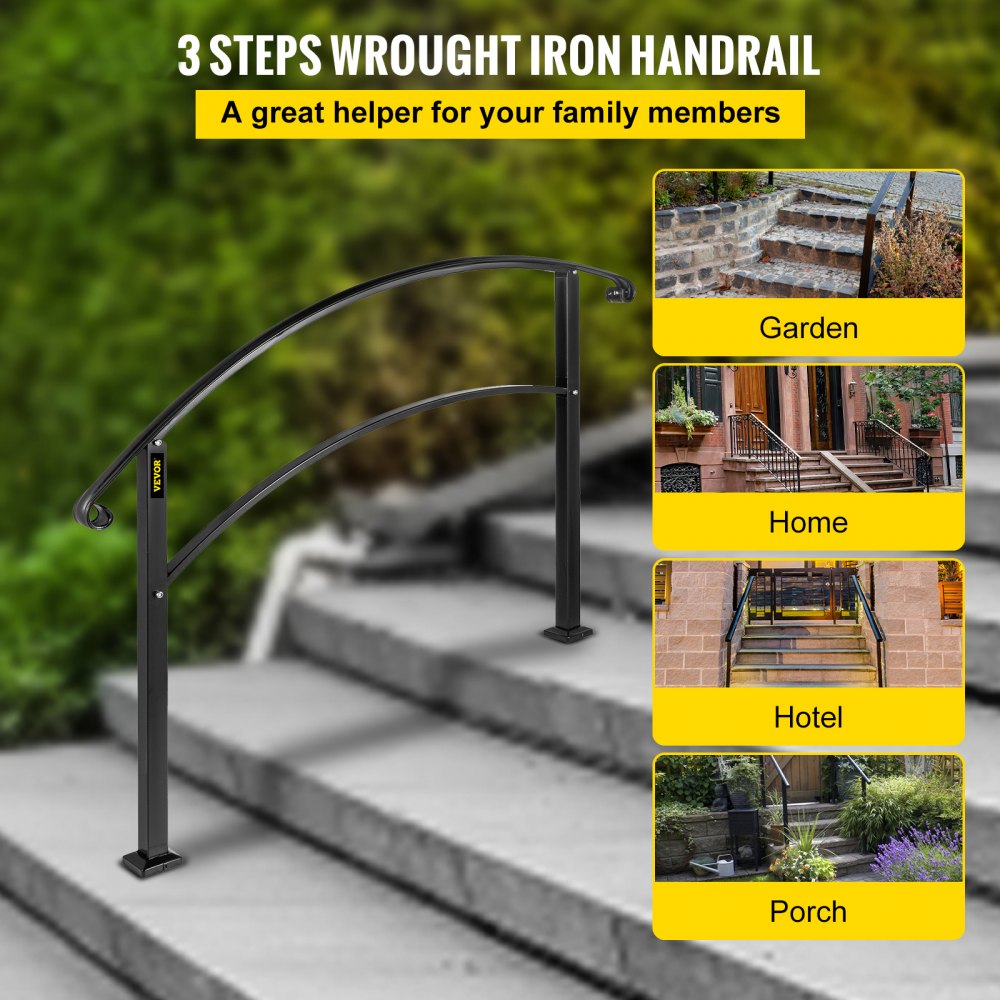 VEVOR Handrails for Outdoor Steps, Fit 1 or 3 Steps Outdoor Stair Railing, Black Wrought Iron Handrail, Flexible Front