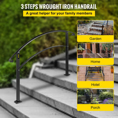 VEVOR Handrails for Outdoor Steps, Fit 1 or 3 Steps Outdoor Stair Railing, Black Wrought Iron Handrail, Flexible Front