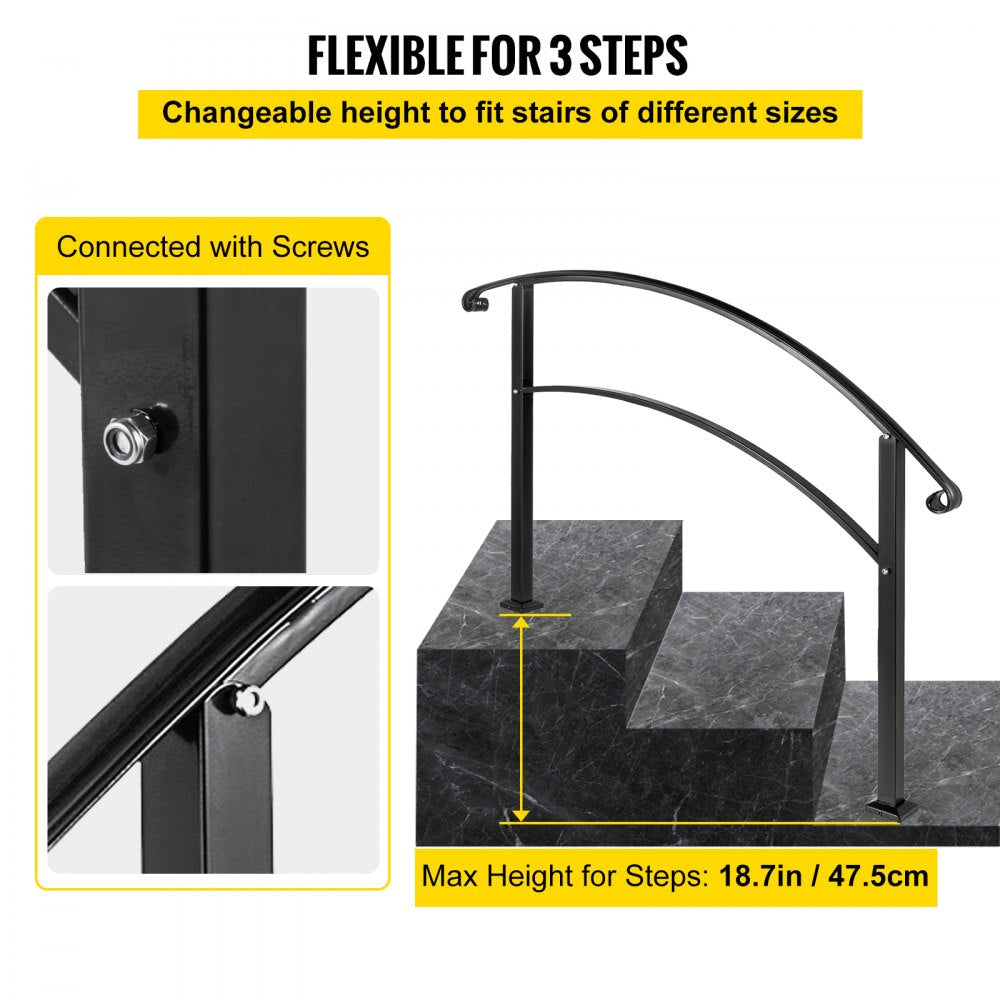 VEVOR Handrails for Outdoor Steps, Fit 1 or 3 Steps Outdoor Stair Railing, Black Wrought Iron Handrail, Flexible Front
