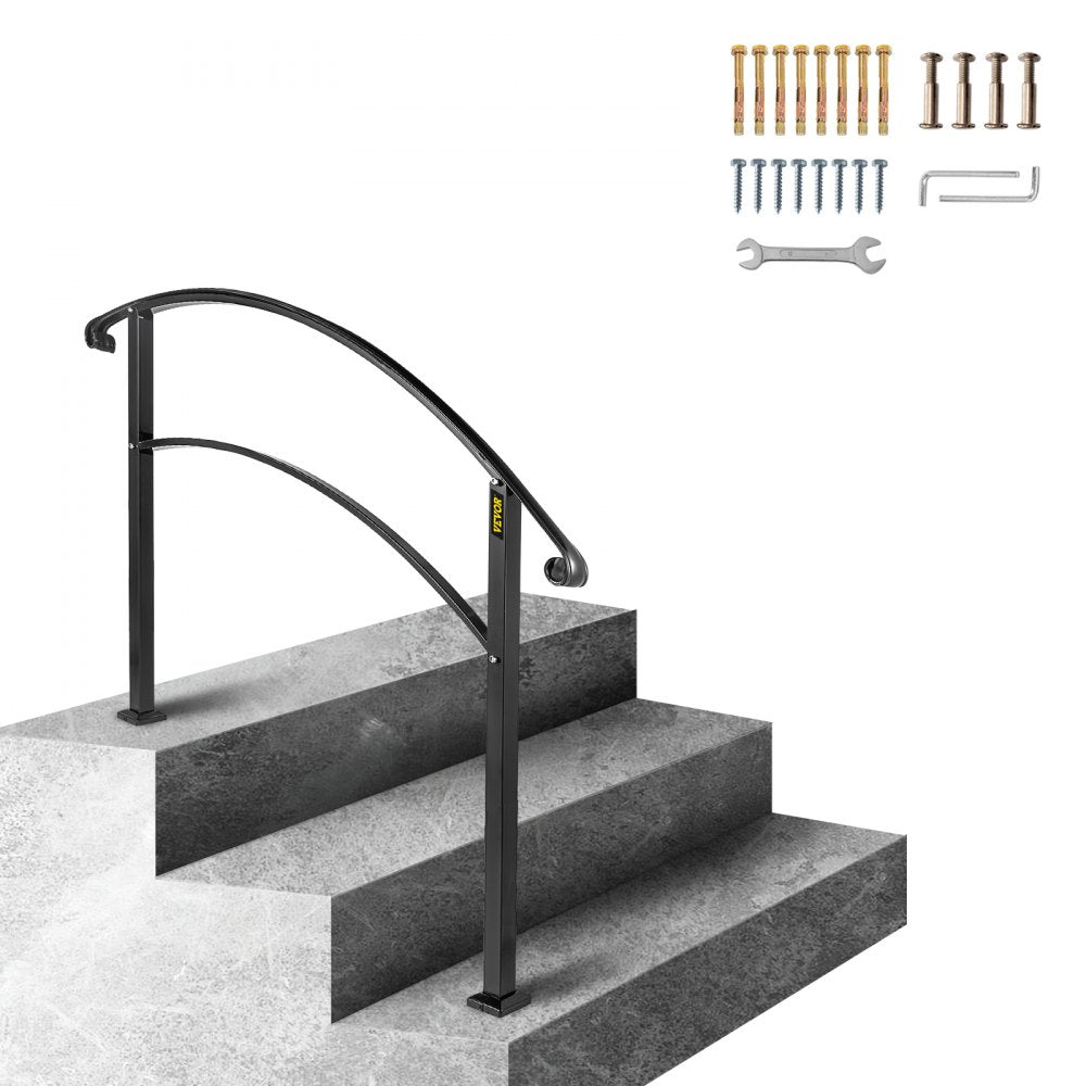 VEVOR Handrails for Outdoor Steps, Fit 1 or 3 Steps Outdoor Stair Railing, Black Wrought Iron Handrail, Flexible Front