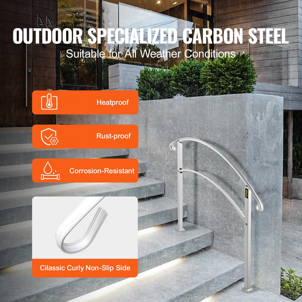 VEVOR Handrails for Outdoor Steps, Fit 1 or 3 Steps Outdoor Stair Railing, White Wrought Iron Handrail, Flexible Front