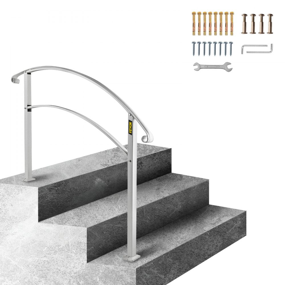 VEVOR Handrails for Outdoor Steps, Fit 1 or 3 Steps Outdoor Stair Railing, White Wrought Iron Handrail, Flexible Front
