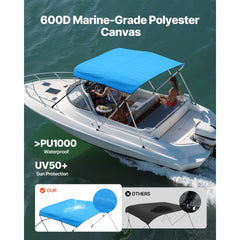 VEVOR 3 Bow Boat Bimini Tops, 600D Polyester Canopy with Aluminum Alloy Frame, Waterproof & Sun Shade Boat Awning
