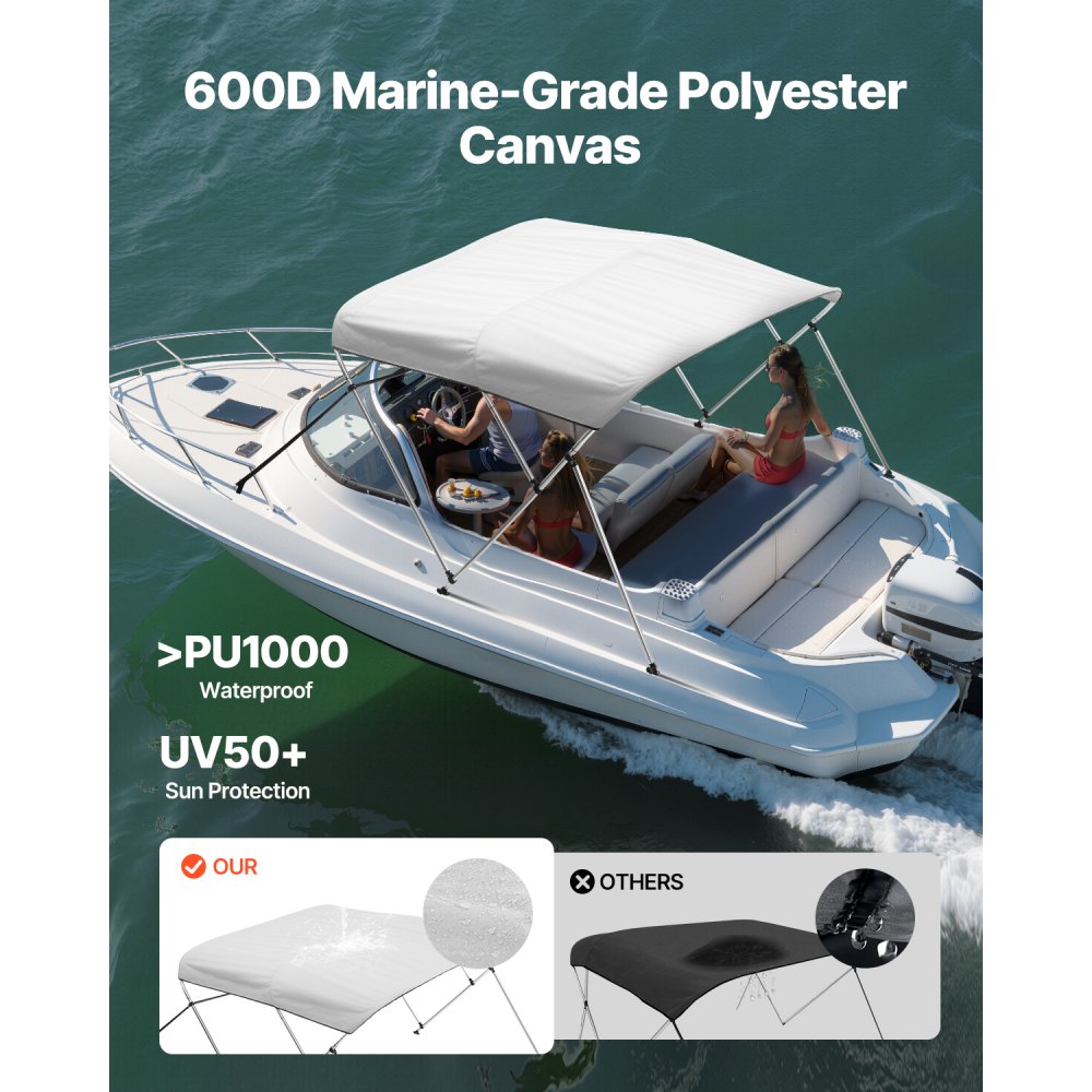 VEVOR 3 Bow Boat Bimini Tops, 600D Polyester Canopy with Aluminum Alloy Frame, Waterproof & Sun Shade Boat Awning