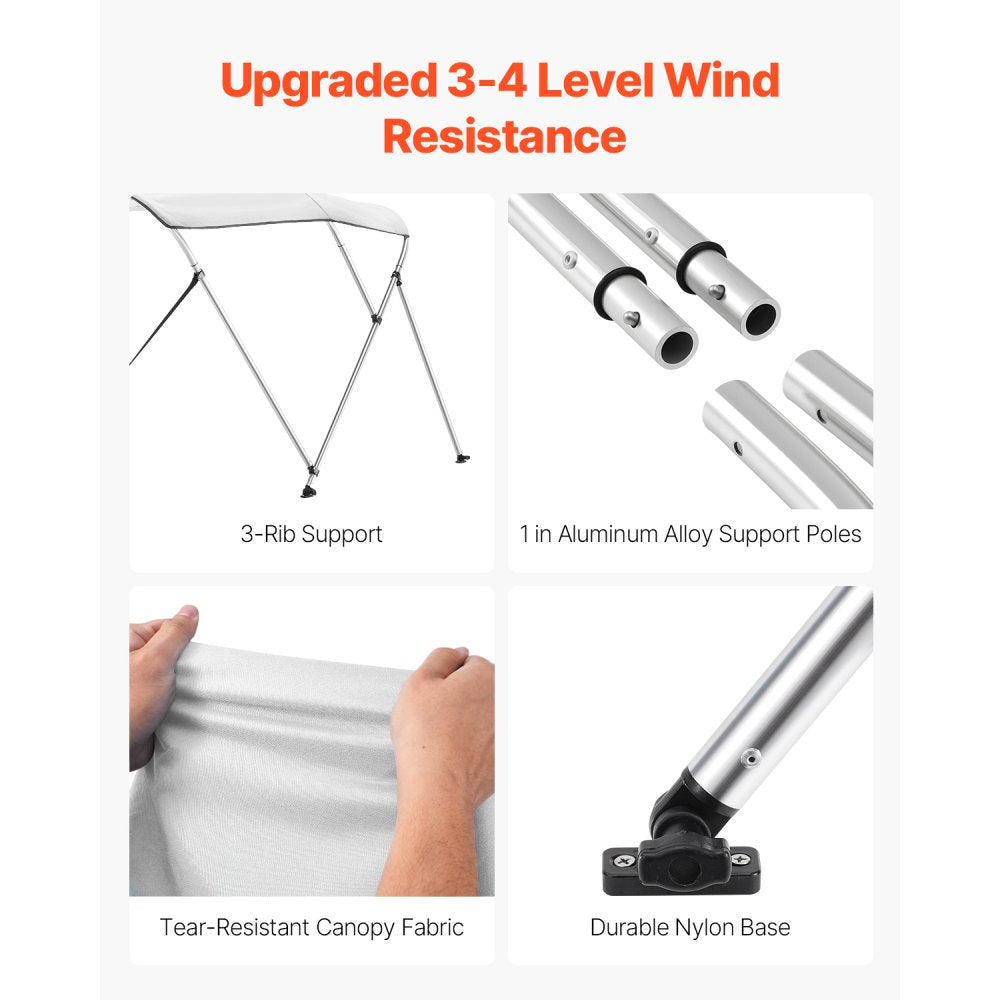 VEVOR 3 Bow Boat Bimini Tops, 600D Polyester Canopy with Aluminum Alloy Frame, Waterproof & Sun Shade Boat Awning