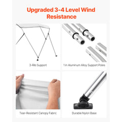 VEVOR 3 Bow Boat Bimini Tops, 600D Polyester Canopy with Aluminum Alloy Frame, Waterproof & Sun Shade Boat Awning
