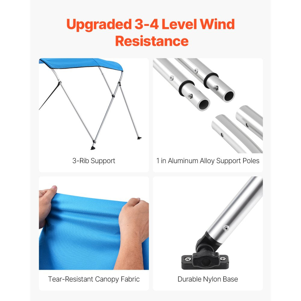 VEVOR 3 Bow Boat Bimini Tops, 600D Polyester Canopy with Aluminum Alloy Frame, Waterproof & Sun Shade Boat Awning