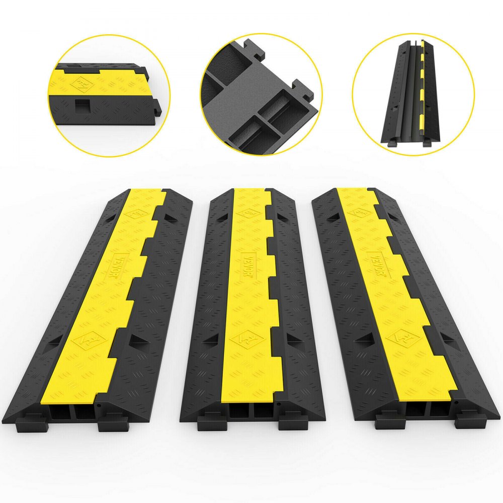 VEVOR 3 Pcs 2-Cable Rubber Electrical Wire Cover Cord Protector Ramp 11000 lbs - 2 Channels / 3 Pack