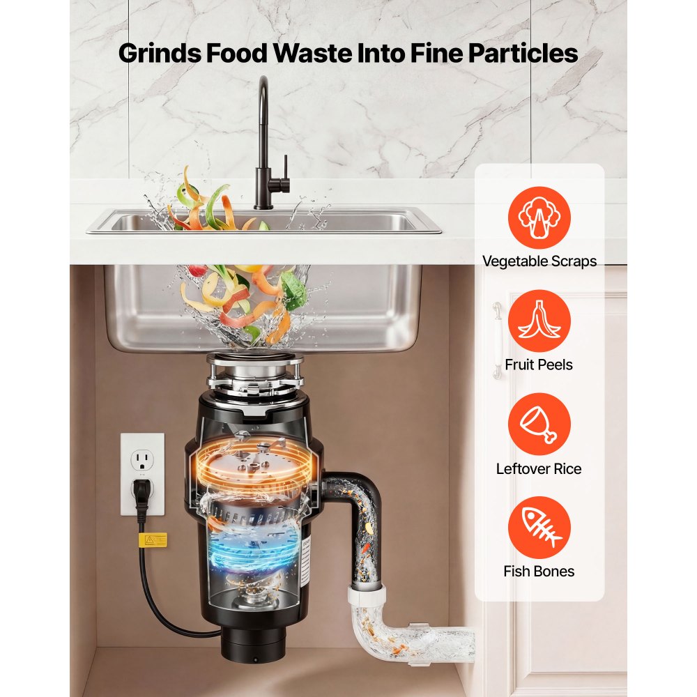 VEVOR Food Waste Garbage Disposal, 1HP 3700RPM DC Motor, Continuous Feed Kitchen Sink Garbage Disposer, 3-Bolt Mount