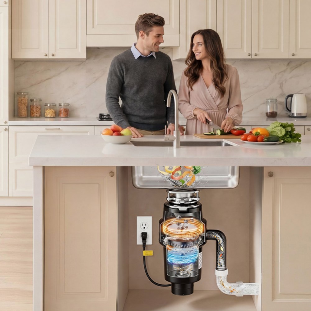 VEVOR Food Waste Garbage Disposal, 1HP 3700RPM DC Motor, Continuous Feed Kitchen Sink Garbage Disposer, 3-Bolt Mount