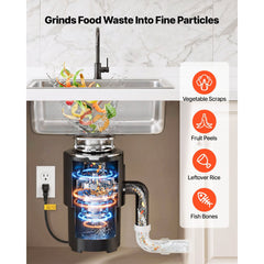 VEVOR Food Waste Garbage Disposal, 3/4HP 1500RPM AC Motor, Continuous Feed Kitchen Sink Garbage Disposer, 3-Bolt Mount