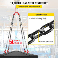 VEVOR Chain Sling, 5/16 inch x 10 ft Lifting Chains with Hooks, G80 Engine Chain Hoist Lifts, 11000 lbs/5 Ton Capacity