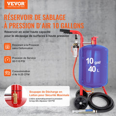 VEVOR 10Gal/40L Sandblaster Equipped with Nozzle Shut-Off Valve Pressure Gauge Ceramic Nozzle 2.5m Hose Filling Funnel