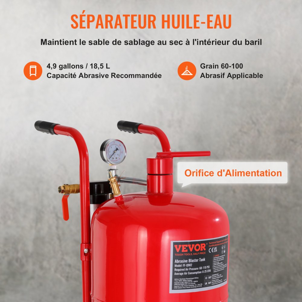 VEVOR 10Gal/40L Sandblaster Equipped with Nozzle Shut-Off Valve Pressure Gauge Ceramic Nozzle 2.5m Hose Filling Funnel