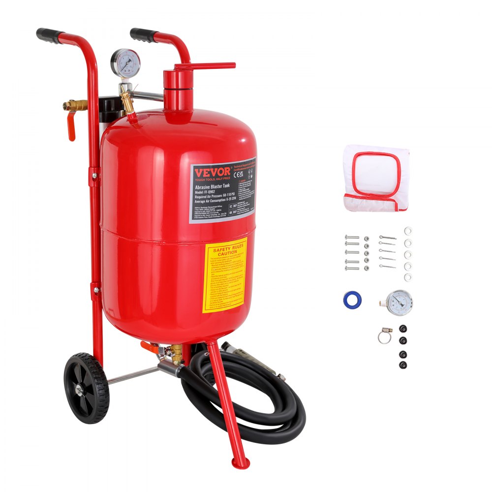 VEVOR 10Gal/40L Sandblaster Equipped with Nozzle Shut-Off Valve Pressure Gauge Ceramic Nozzle 2.5m Hose Filling Funnel