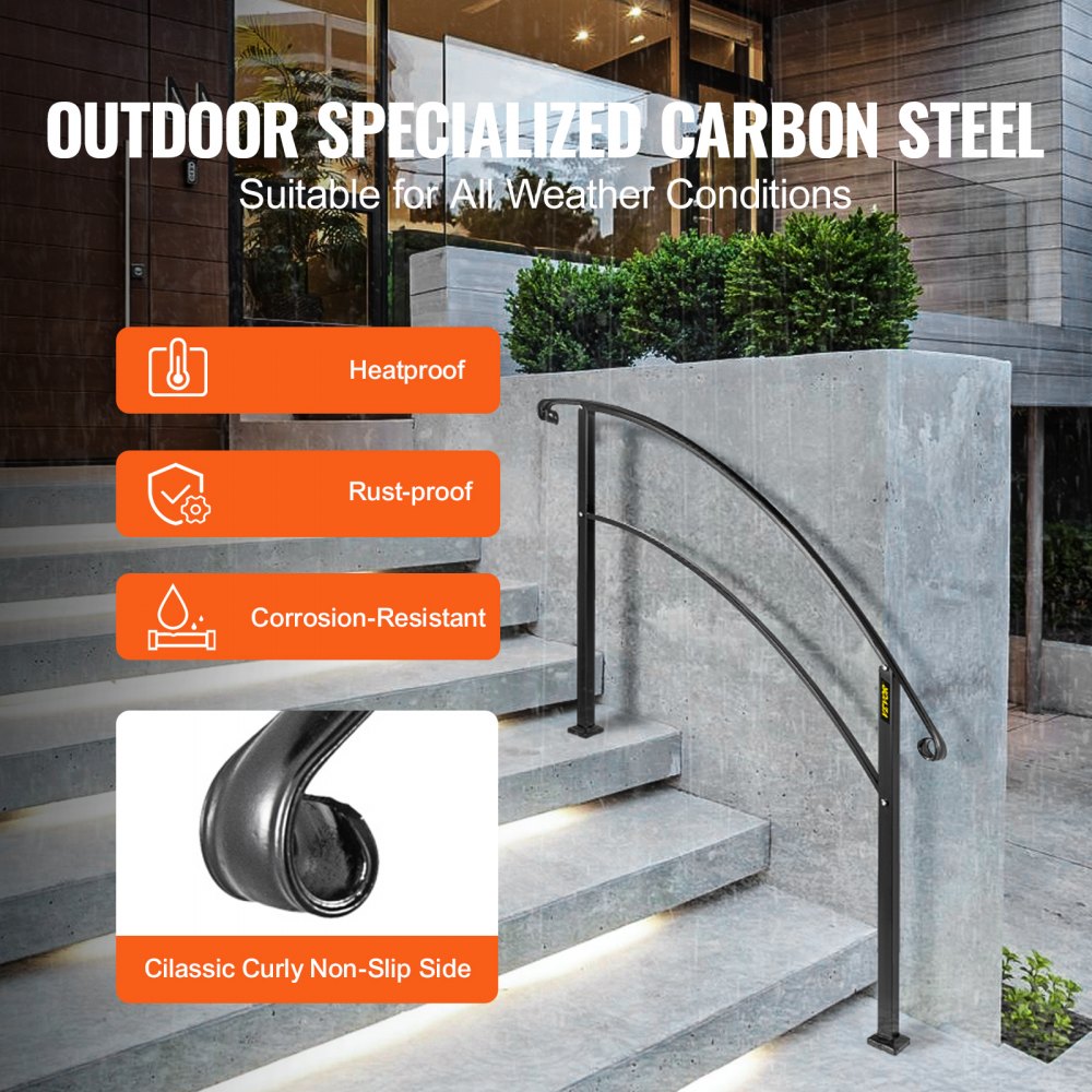 VEVOR 4-Step Handrail Fits 1 or 4 Steps Matte Black Stair Rail Wrought Iron Handrail with Installation Kit Hand Rails
