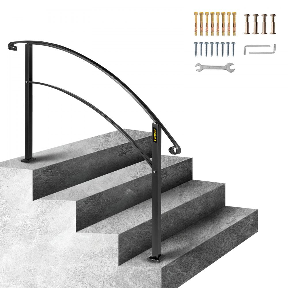 VEVOR 4-Step Handrail Fits 1 or 4 Steps Matte Black Stair Rail Wrought Iron Handrail with Installation Kit Hand Rails