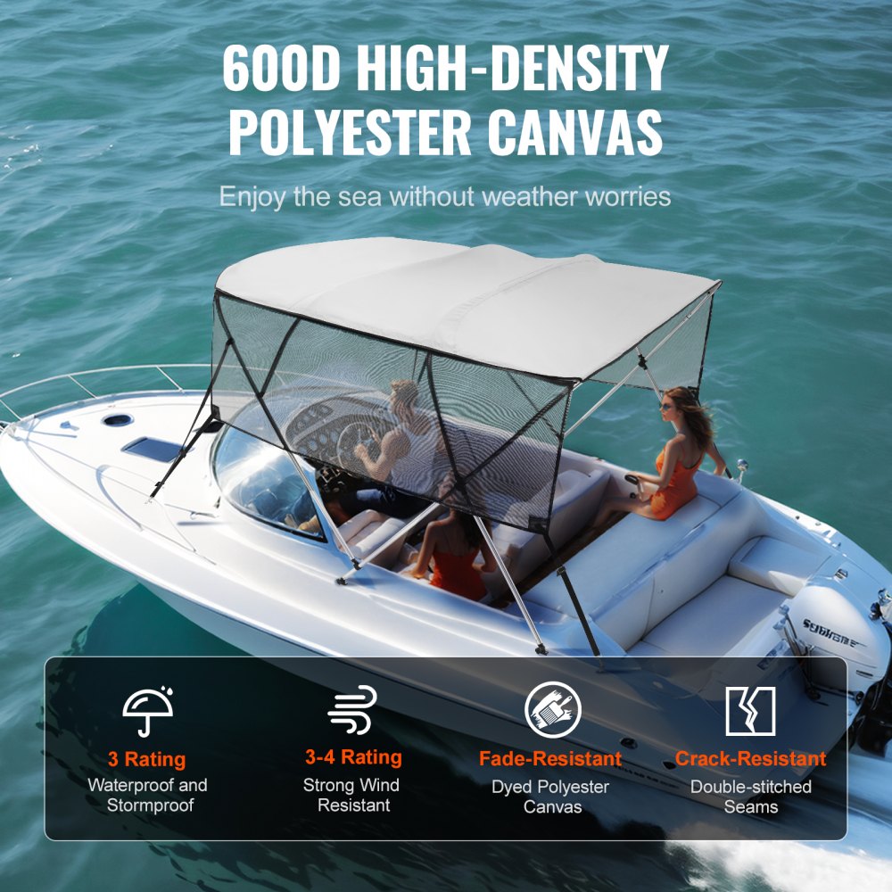 VEVOR 4 Bow Bimini Top Boat Cover, Detachable Mesh Sidewalls, 600D Polyester Canopy with 1" Aluminum Alloy Frame