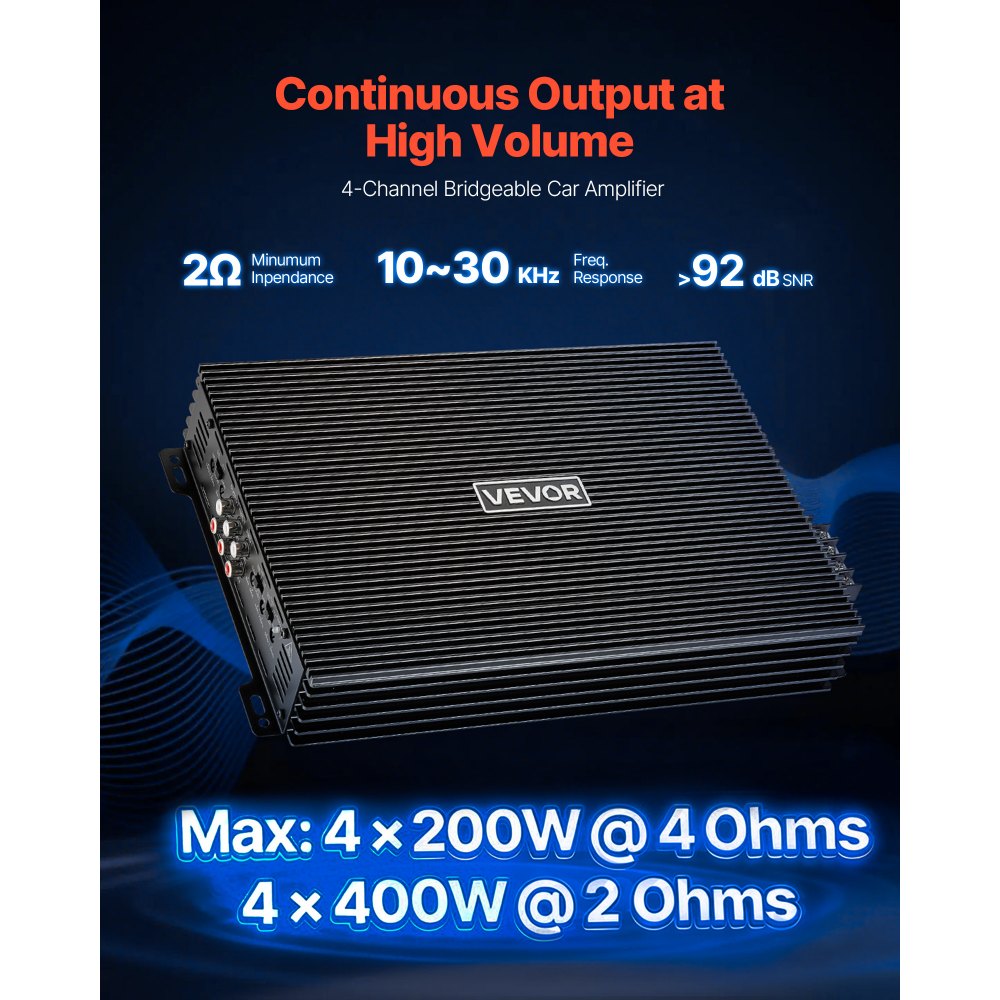 VEVOR 4 Channel Car Audio Amplifier 2 Ohm Stable Bridgeable Class A/B Full Range Amp Max Power 4 x 200W @ 4 Ohm / 4 x