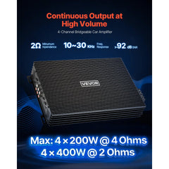 VEVOR 4 Channel Car Audio Amplifier 2 Ohm Stable Bridgeable Class A/B Full Range Amp Max Power 4 x 200W @ 4 Ohm / 4 x