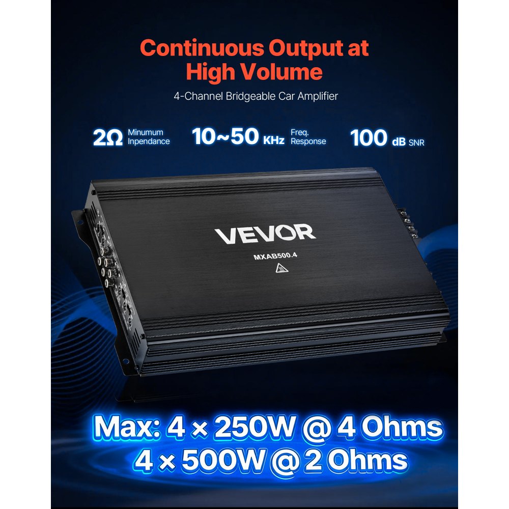 VEVOR 4 Channel Car Audio Amplifier 2 Ohm Stable Bridgeable Class A/B Full Range Amp Max Power 4 x 250W @ 4 Ohm / 4 x