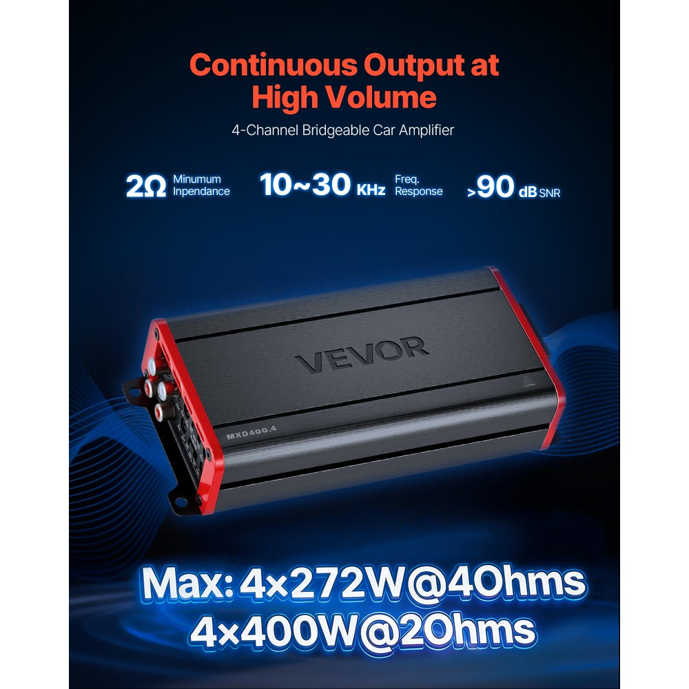 VEVOR 4 Channel Car Audio Amplifier 2 Ohm Stable Bridgeable Class D Full Range Amp Max Power 4 x 272W @ 4 Ohm / 4 x