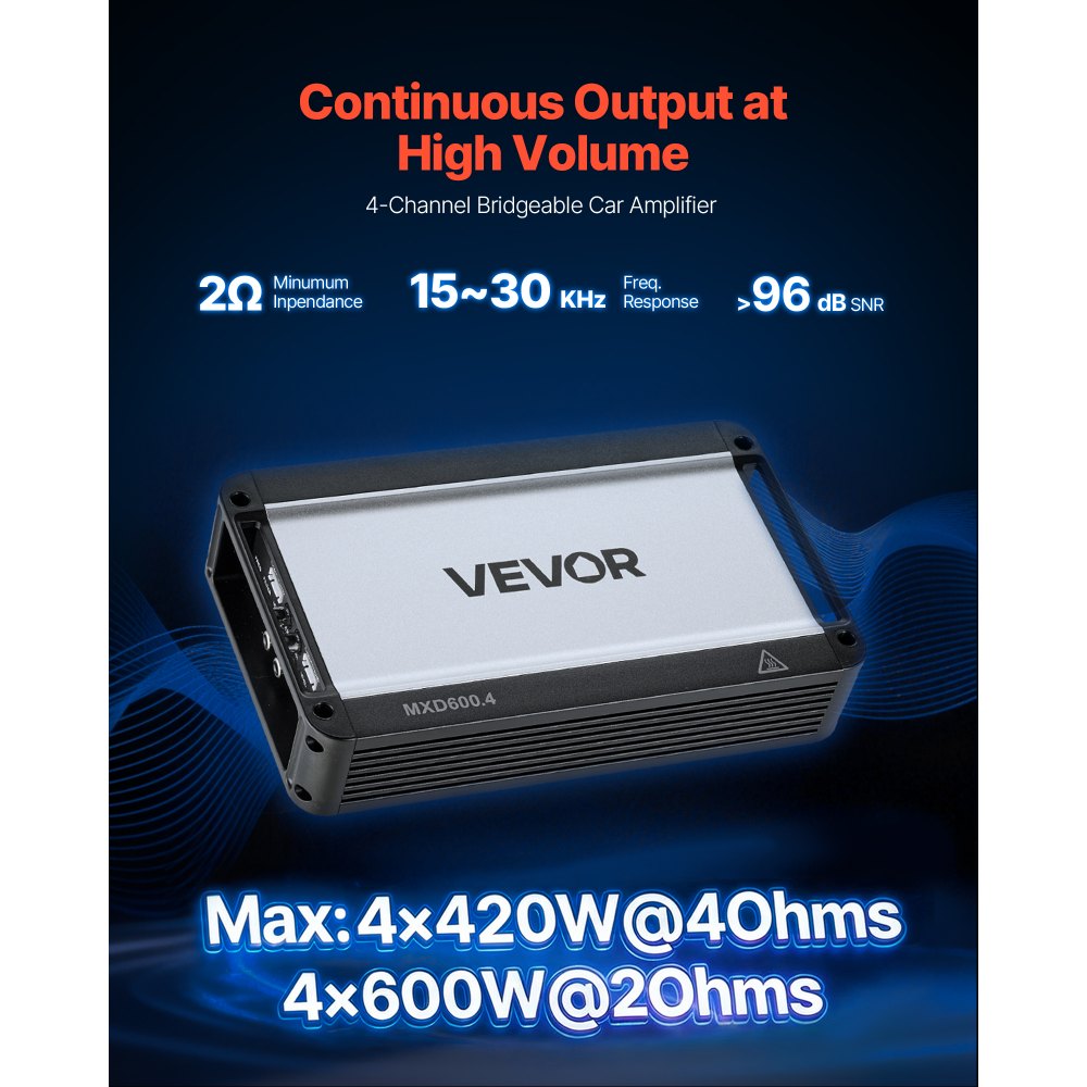 VEVOR 4 Channel Car Audio Amplifier 2 Ohm Stable Bridgeable Class D Full Range Amp Max Power 4 x 420W @ 4 Ohm / 4 x