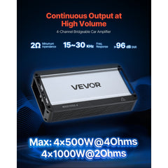 VEVOR 4 Channel Car Audio Amplifier 2 Ohm Stable Bridgeable Class D Full Range Amp Max Power 4 x 500W @ 4 Ohm / 4 x