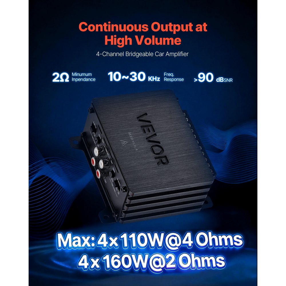 VEVOR 4 Channel Car Audio Amplifier 2 Ohm Stable Bridgeable Class D Full Range Amp Max Power 4 x 110W @ 4 Ohm / 4 x