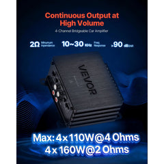 VEVOR 4 Channel Car Audio Amplifier 2 Ohm Stable Bridgeable Class D Full Range Amp Max Power 4 x 110W @ 4 Ohm / 4 x