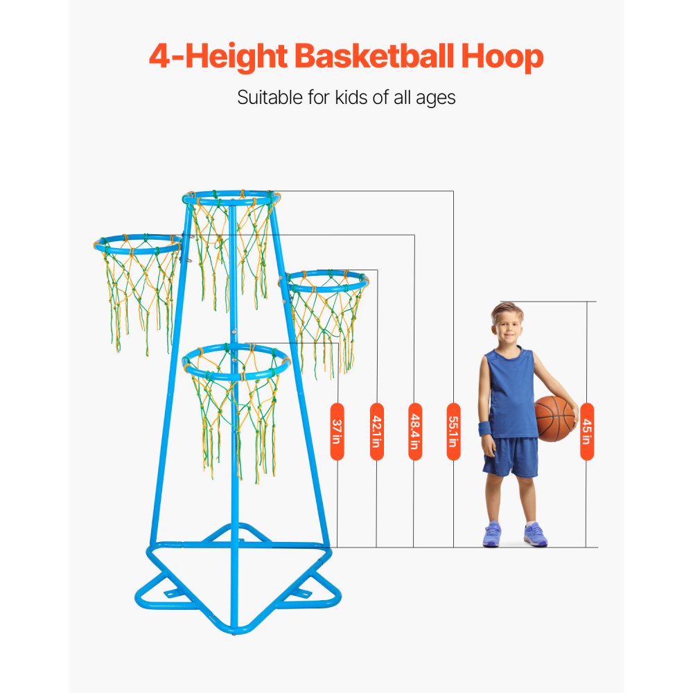 VEVOR Kids Basketball Hoop, 4-Hoop Child Basketball Hoops, Portable Basketball Stand with Adjustable Heights and 3