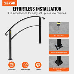 VEVOR Handrails for Outdoor Steps, Fit 1 or 5 Steps Outdoor Stair Railing, Black Wrought Iron Handrail, Flexible Front