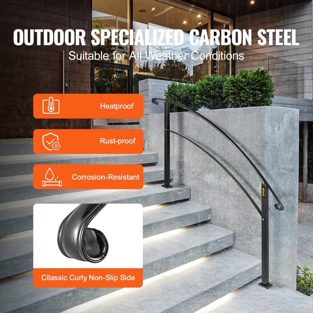 VEVOR Handrails for Outdoor Steps, Fit 1 or 5 Steps Outdoor Stair Railing, Black Wrought Iron Handrail, Flexible Front