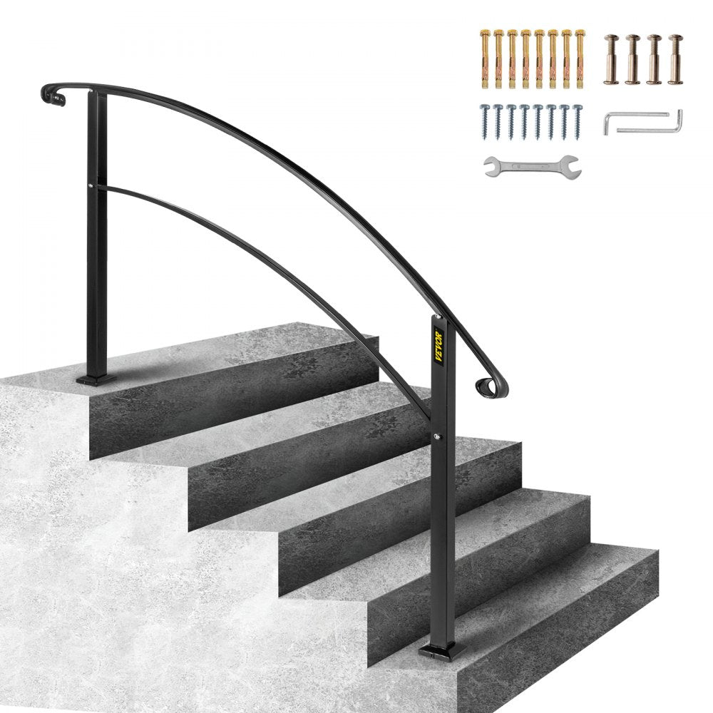 VEVOR Handrails for Outdoor Steps, Fit 1 or 5 Steps Outdoor Stair Railing, Black Wrought Iron Handrail, Flexible Front