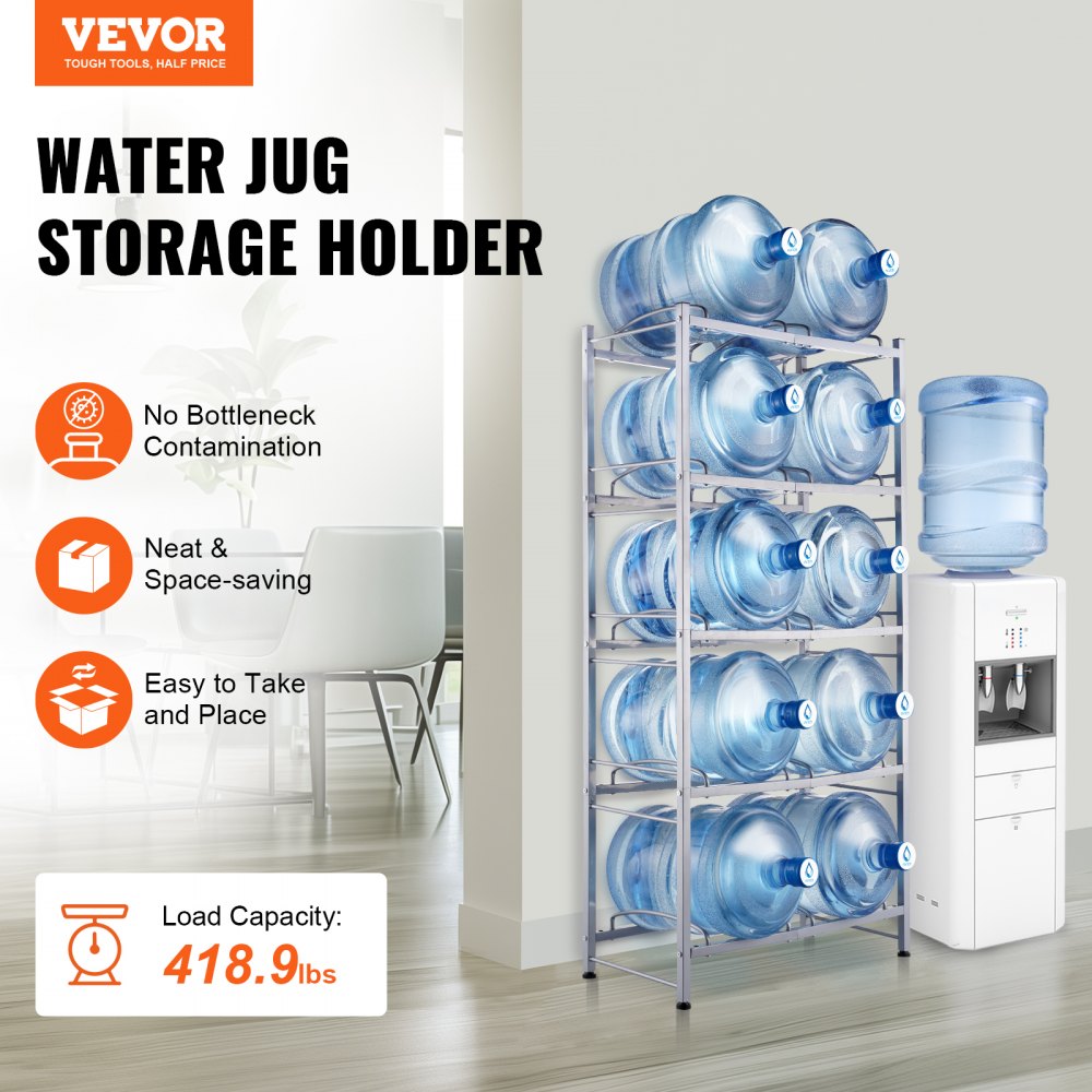VEVOR 5 Tiers Water Jug Holder, 5 Gallon Water Bottle Holder, Double Row Water Bottle Rack for 10 Bottles, Heavy Duty