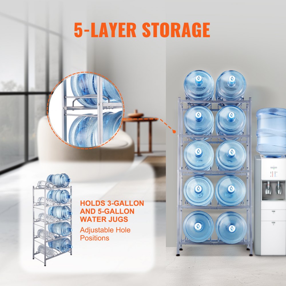 VEVOR 5 Tiers Water Jug Holder, 5 Gallon Water Bottle Holder, Double Row Water Bottle Rack for 10 Bottles, Heavy Duty